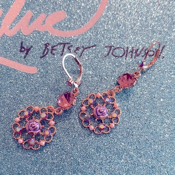 Betsy Johnson Purple Flower Crystal Drop Earrings - Picture 8 of 14